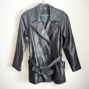 Danier Vintage Black Soft Genuine Leather Double Breasted Trench Coat Tie Belt